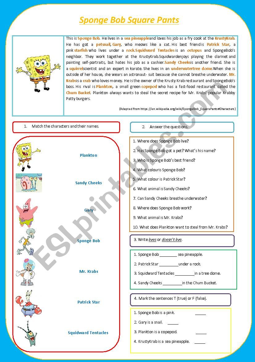 Sponge Bob - Simple Present - Reading Comprehension