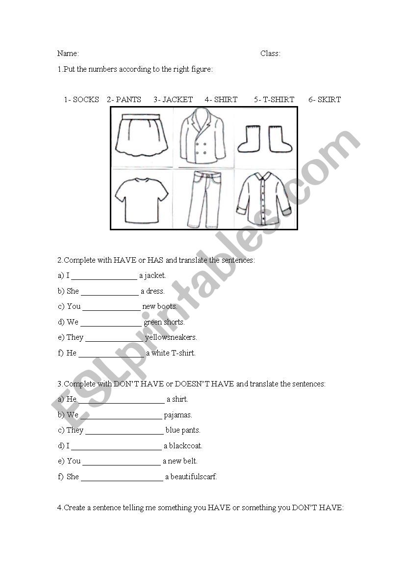 Verb to have + vocabulary of clothes exercises