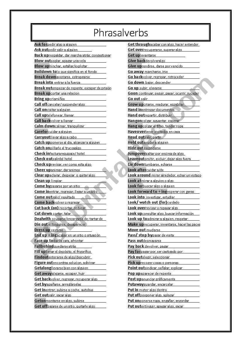 List phrasal verbs worksheet