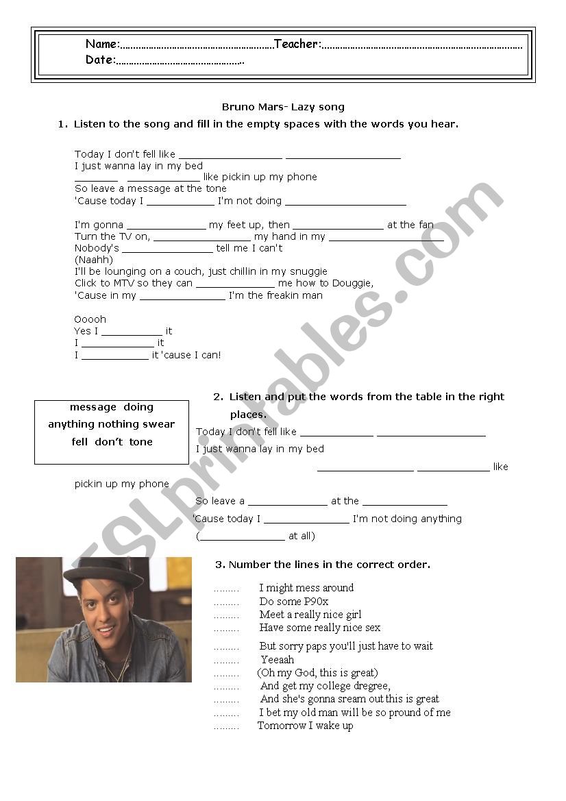 Lazy song by Bruno Mars worksheet