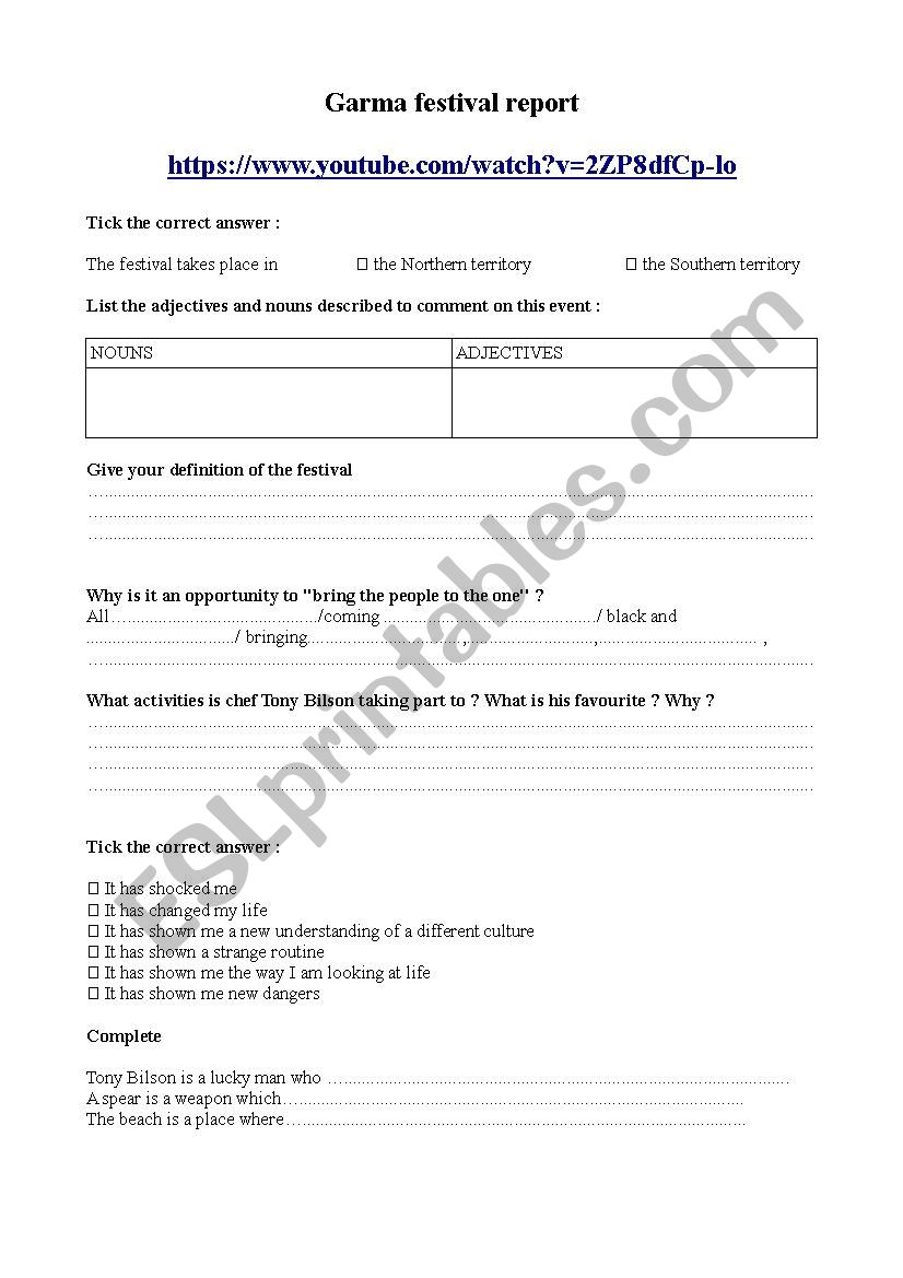 garma festival australia video and worksheet