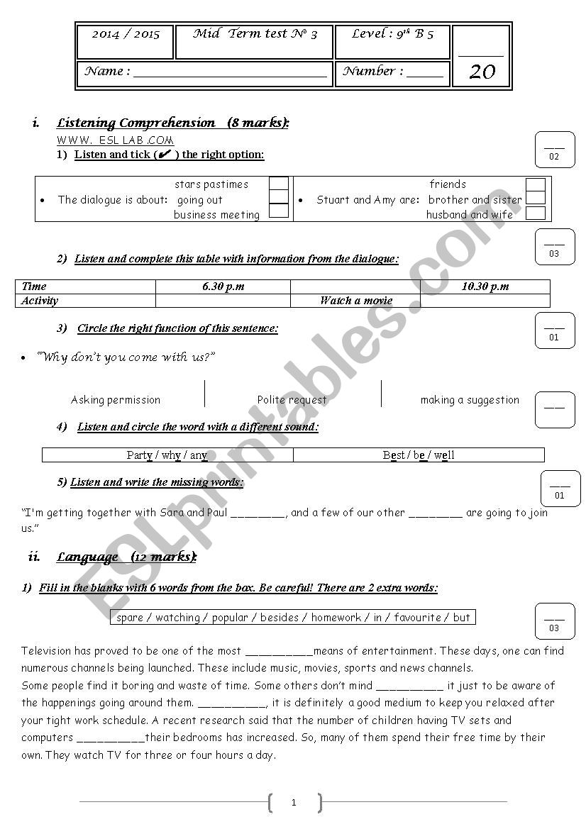 partial test 3 for 9th formers