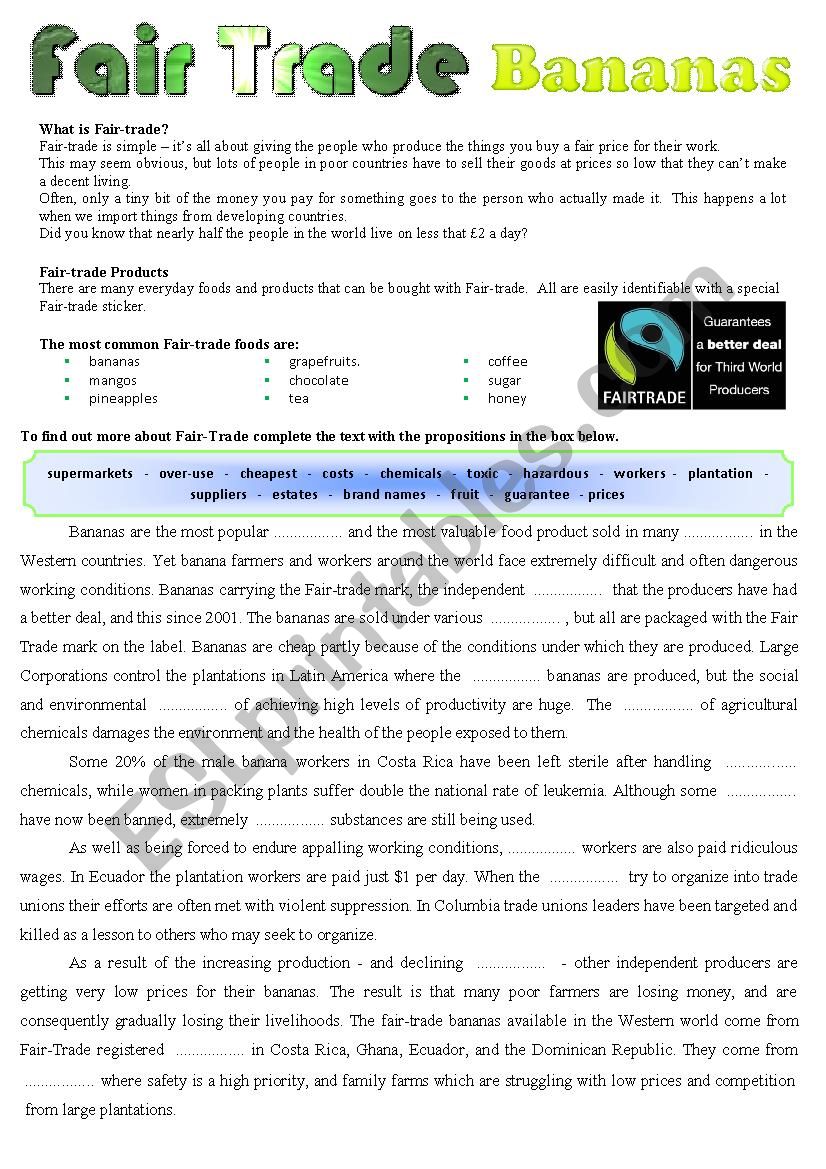 Fair Trade Bananas. An introduction to the topic + CLOZE + Key.