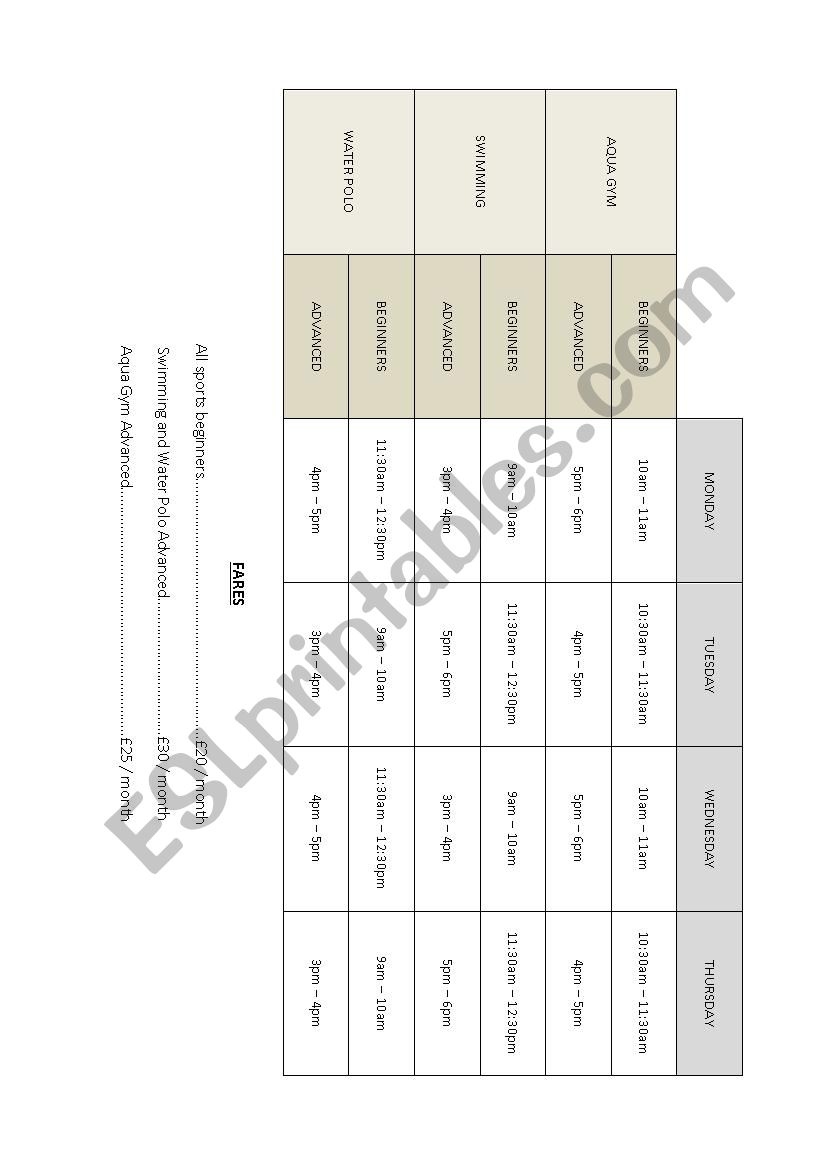 Speaking task Sports Centre worksheet