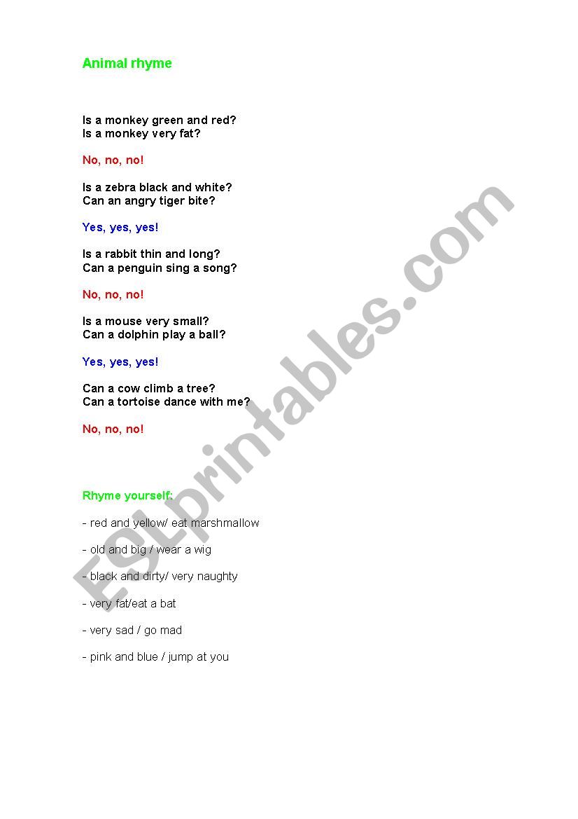 Animal rhyming worksheet