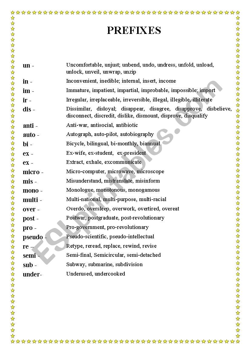 Prefixes worksheet