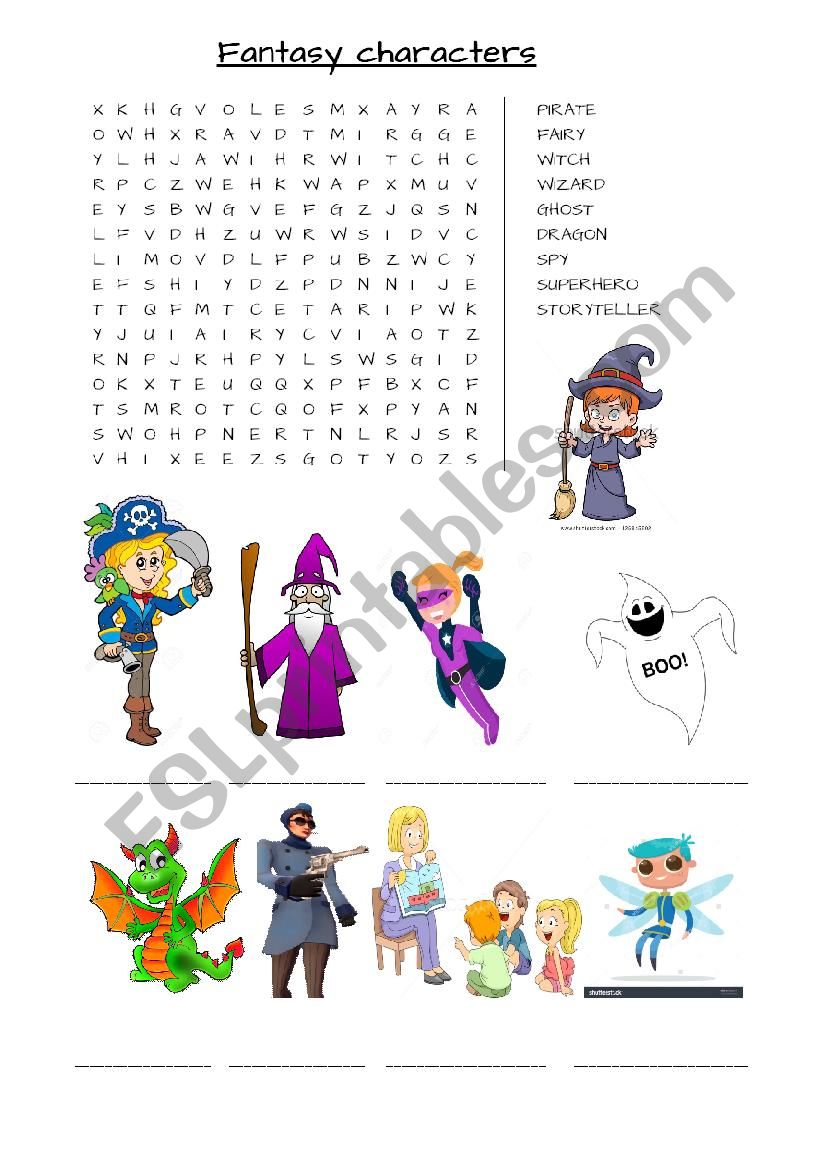 Wordsearch fantasy characters worksheet