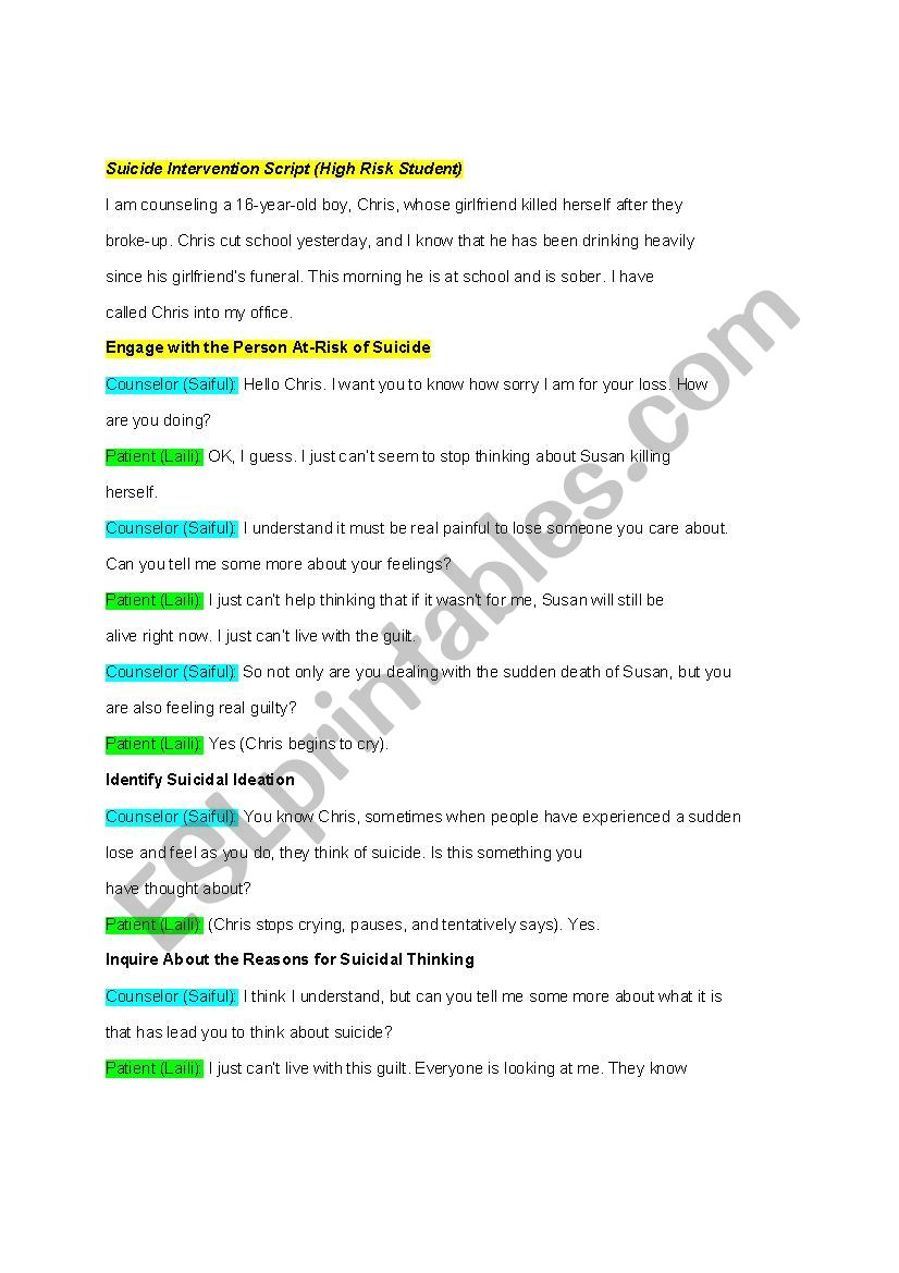 councelling script worksheet