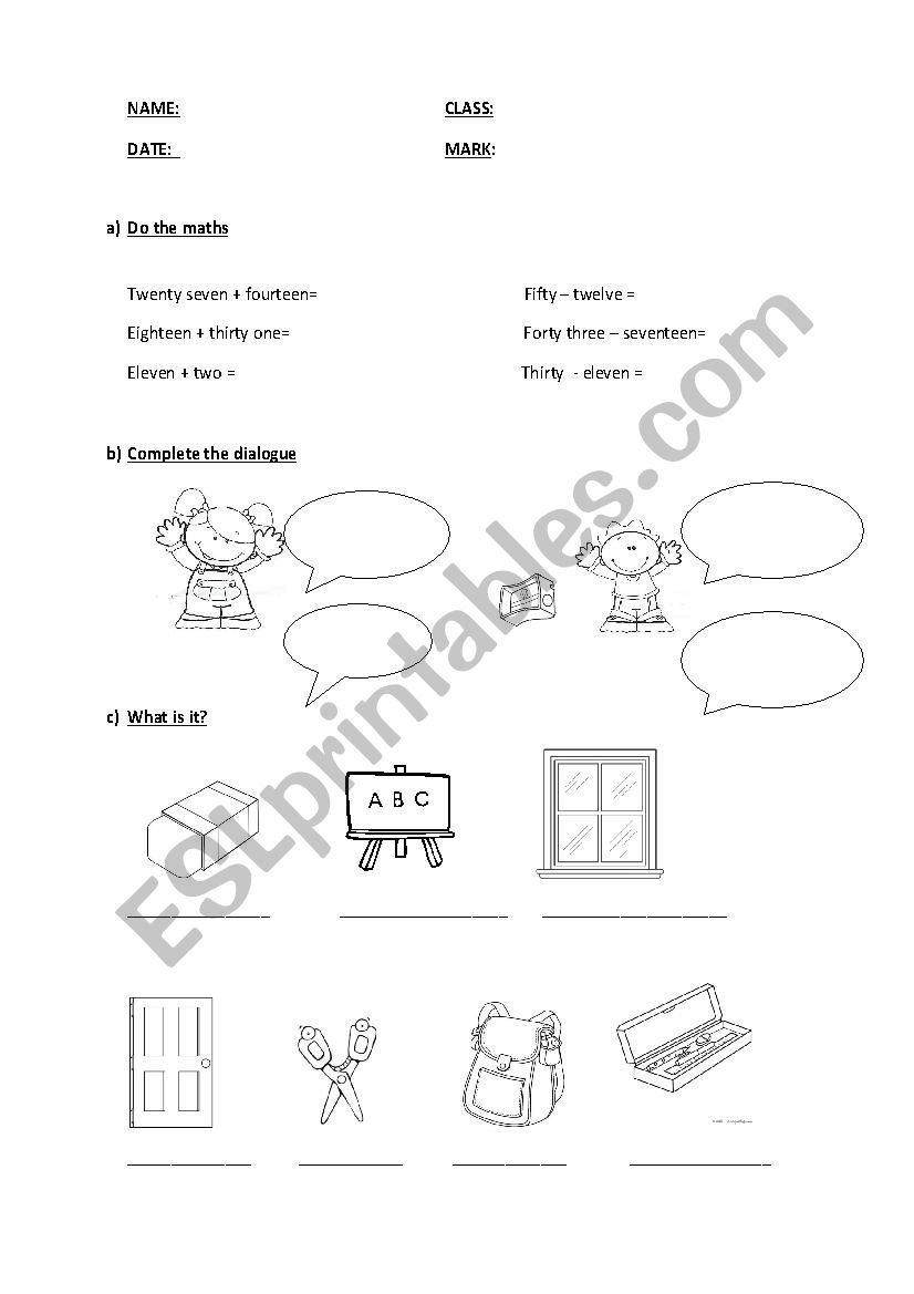 School objects worksheet