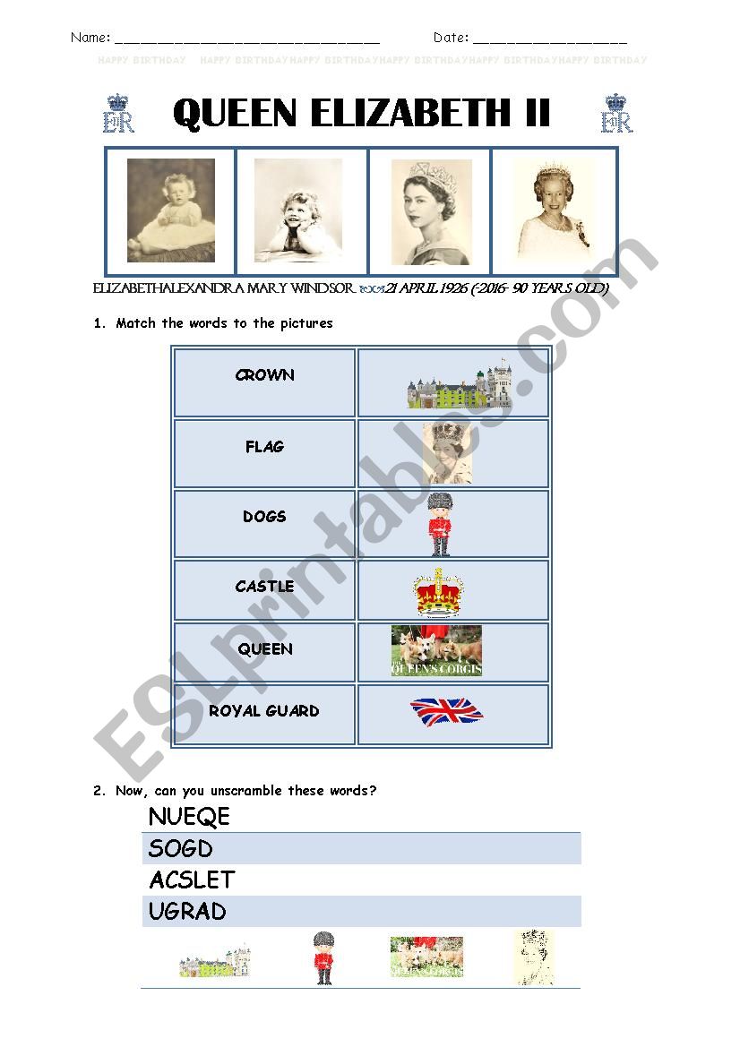 Queen Elizabeth II Birthday worksheet