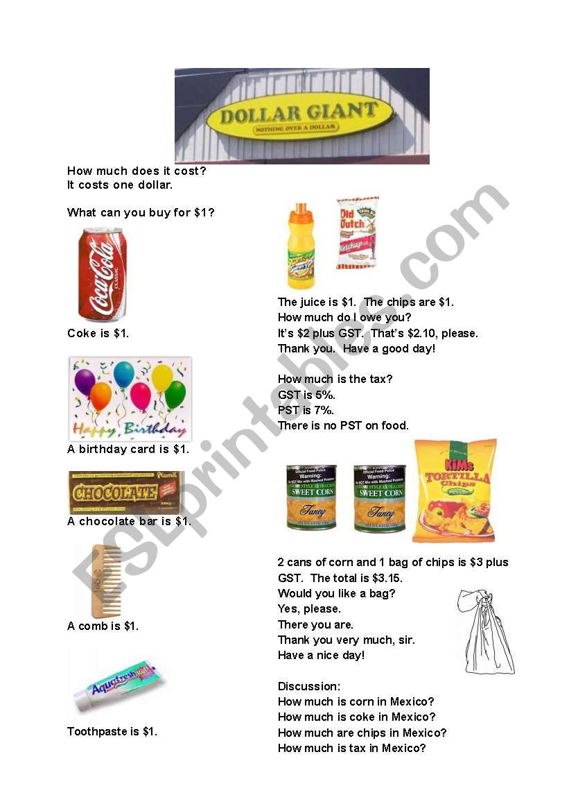 Dollar Store worksheet