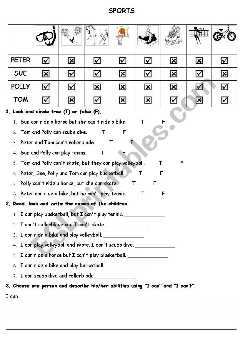 I can/cant do sport worksheet