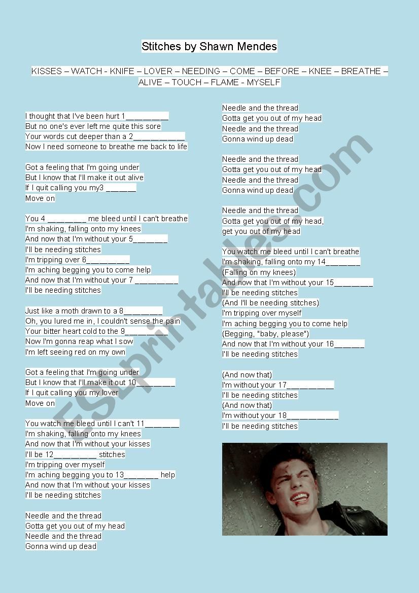 Stitches - Shawn Mendes worksheet