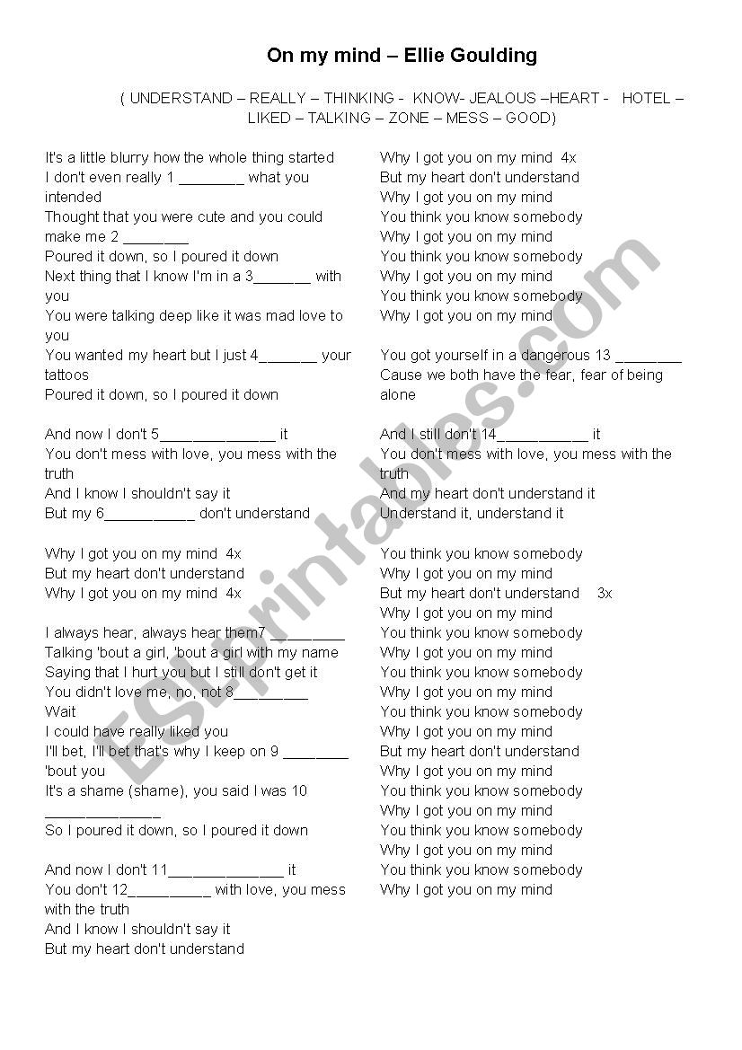 On my mind - Ellie Goulding worksheet