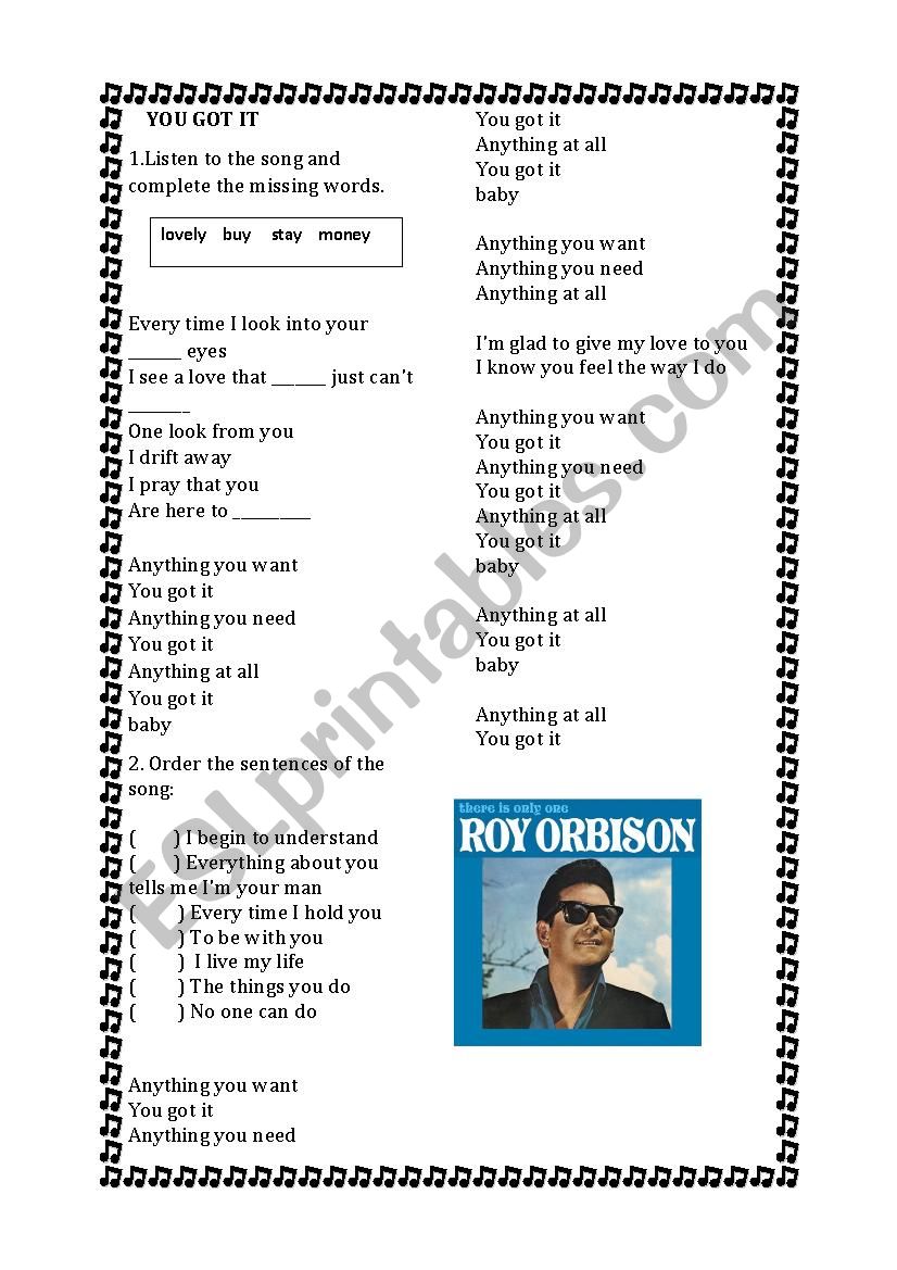 YOU GOT IT (ROY ORBISON) worksheet