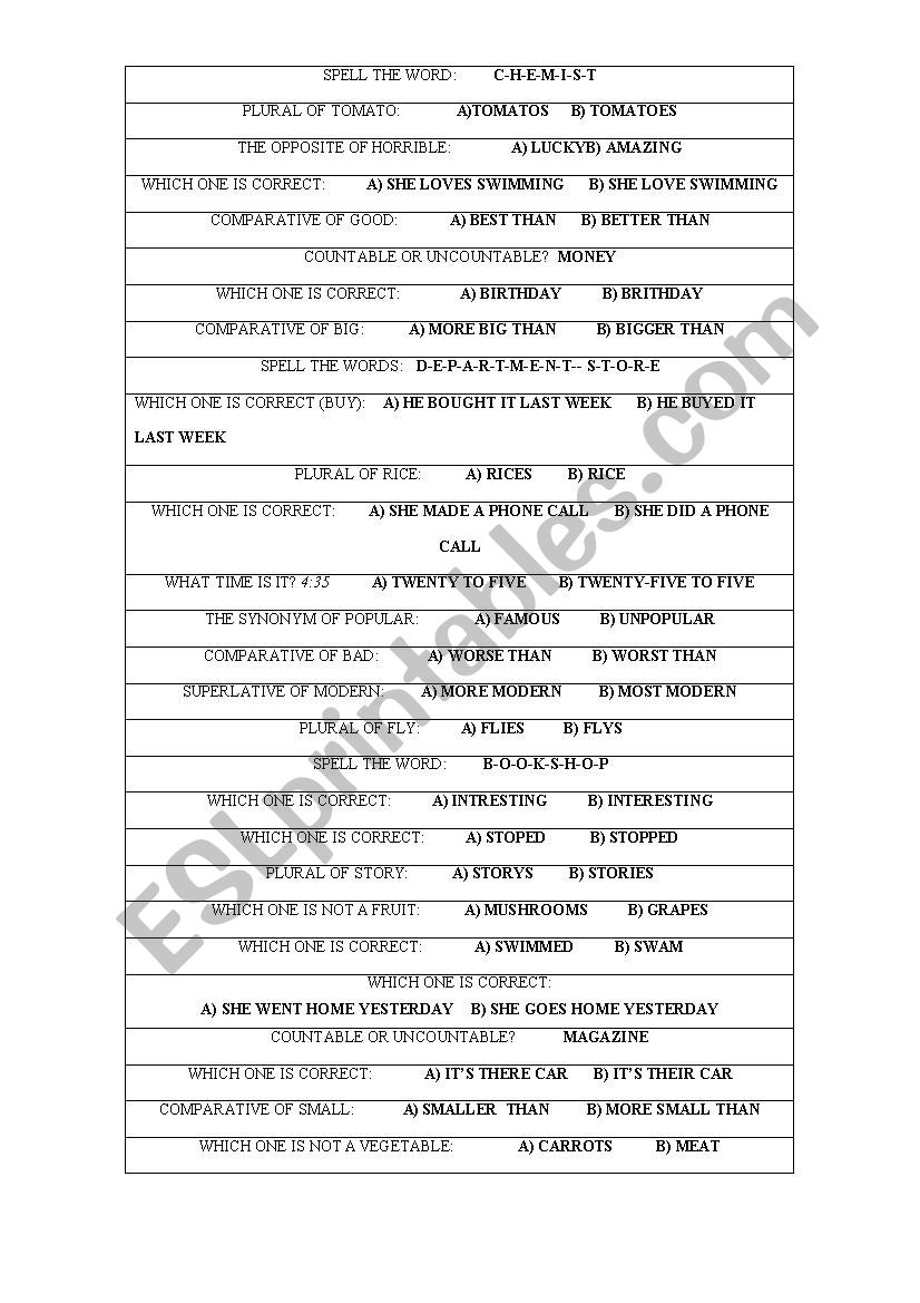 Vocabulary / Grammar game worksheet