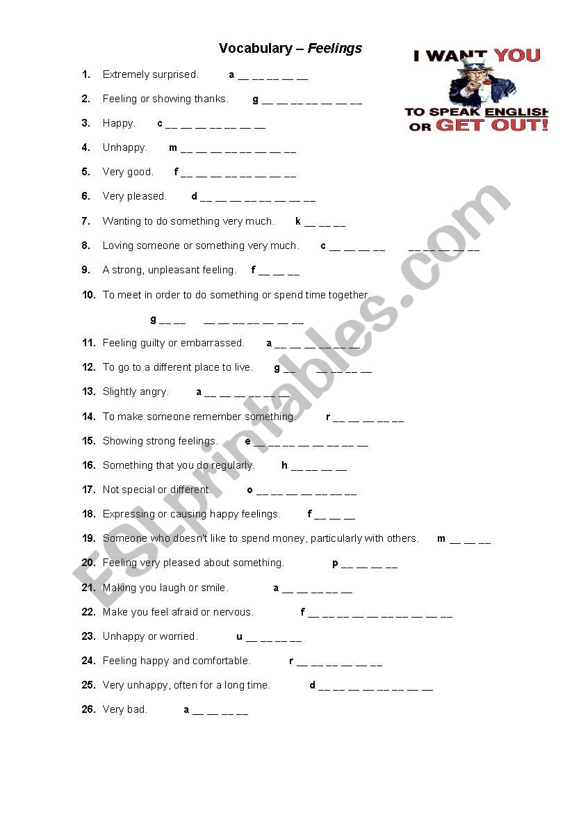 Vocabulary - Feelings worksheet