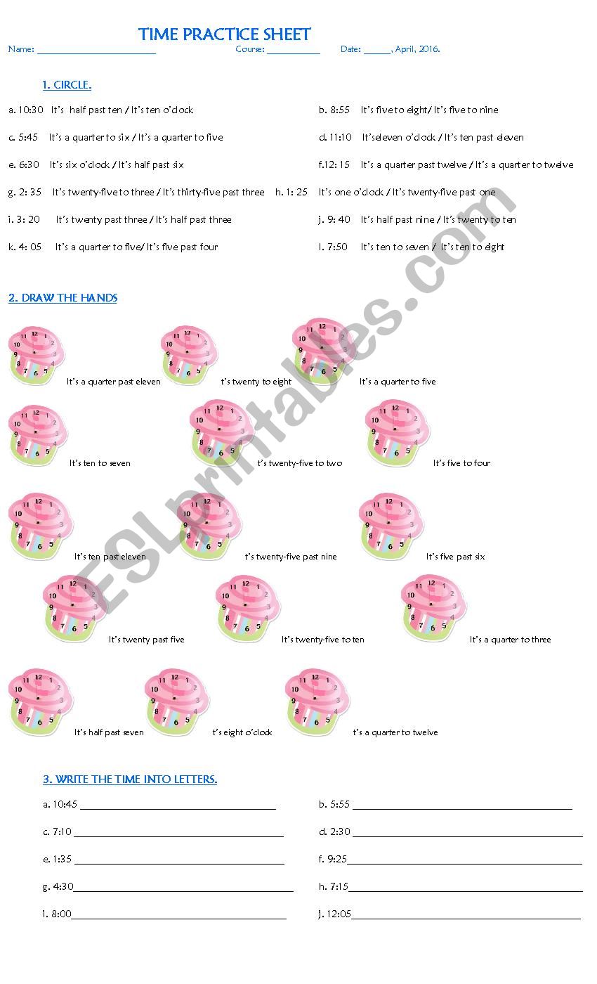 Time cakes worksheet