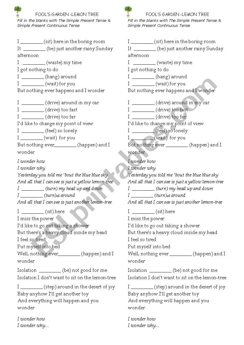 Lemon Tree by Fools Garden worksheet