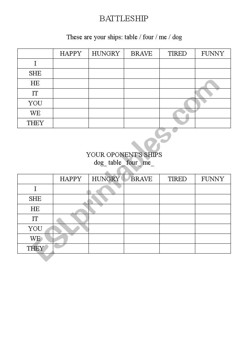 Battleship worksheet