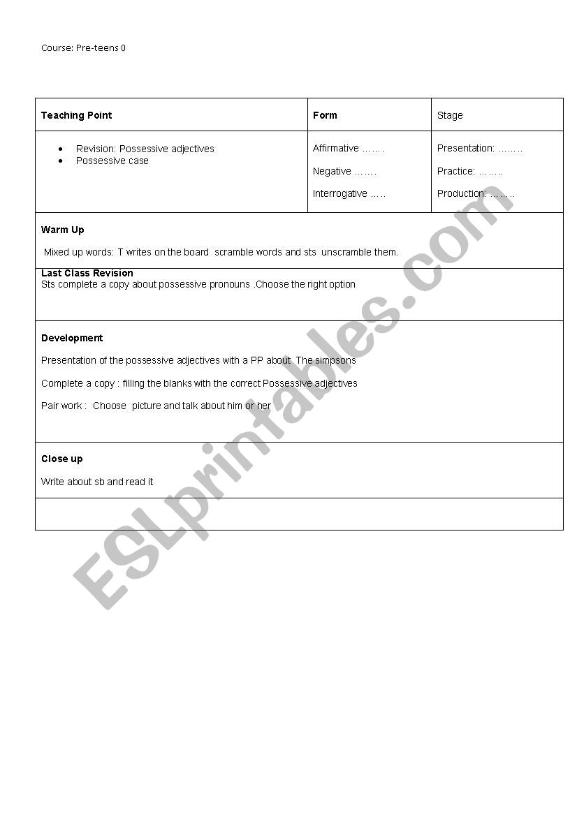 lesson plan about possessive adjectives and possessive case