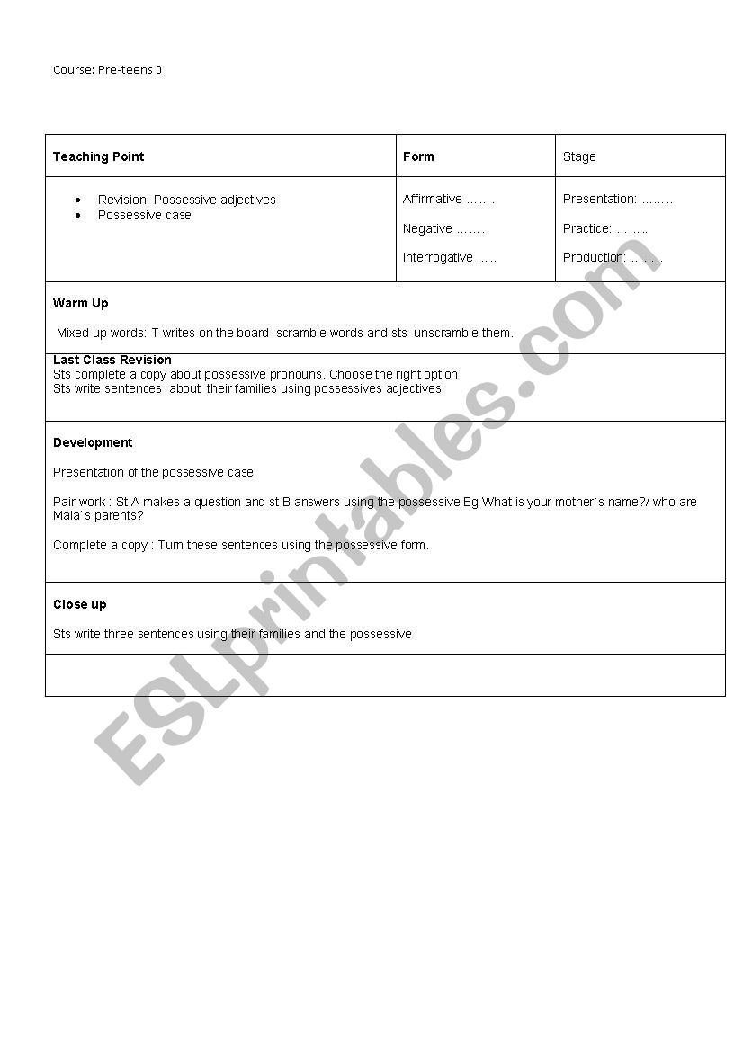 lesson plan about possessive adjectives and possessive case