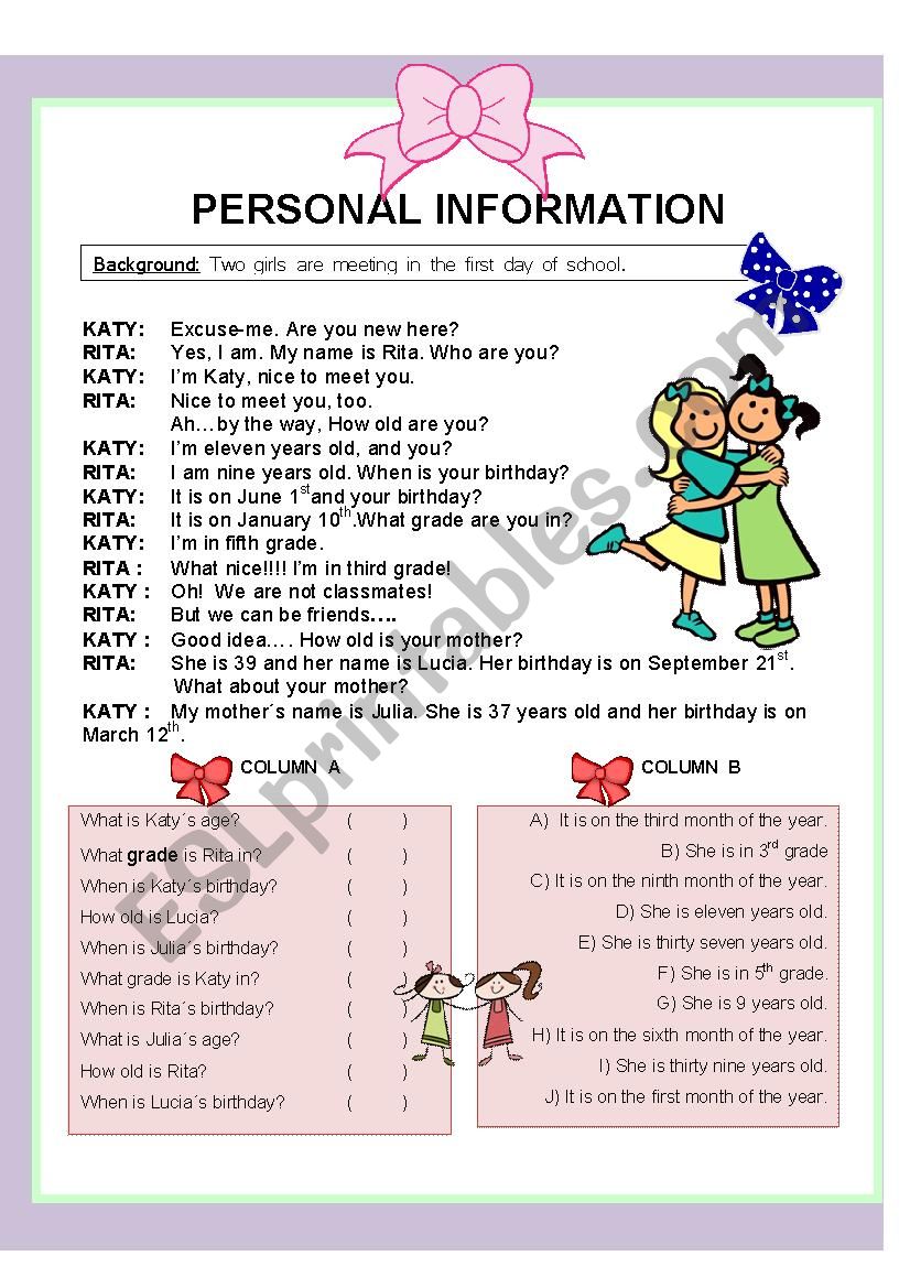 Personal Information worksheet