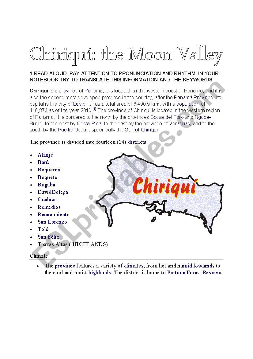 CHIRIQUI THE MOON VALLEY worksheet