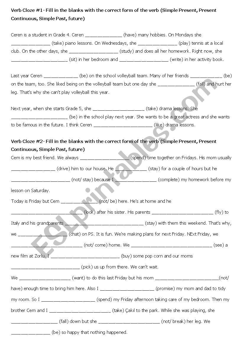 Verb Cloze worksheet