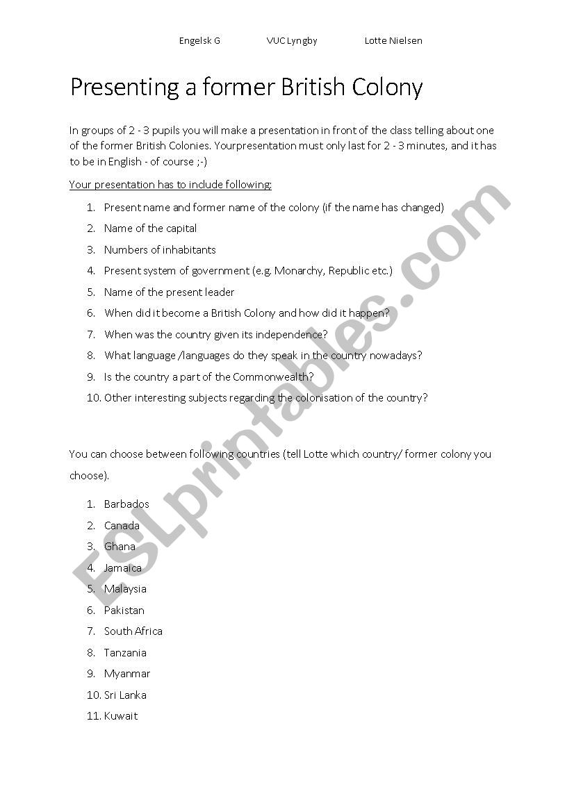 Presenting a British Colony  worksheet