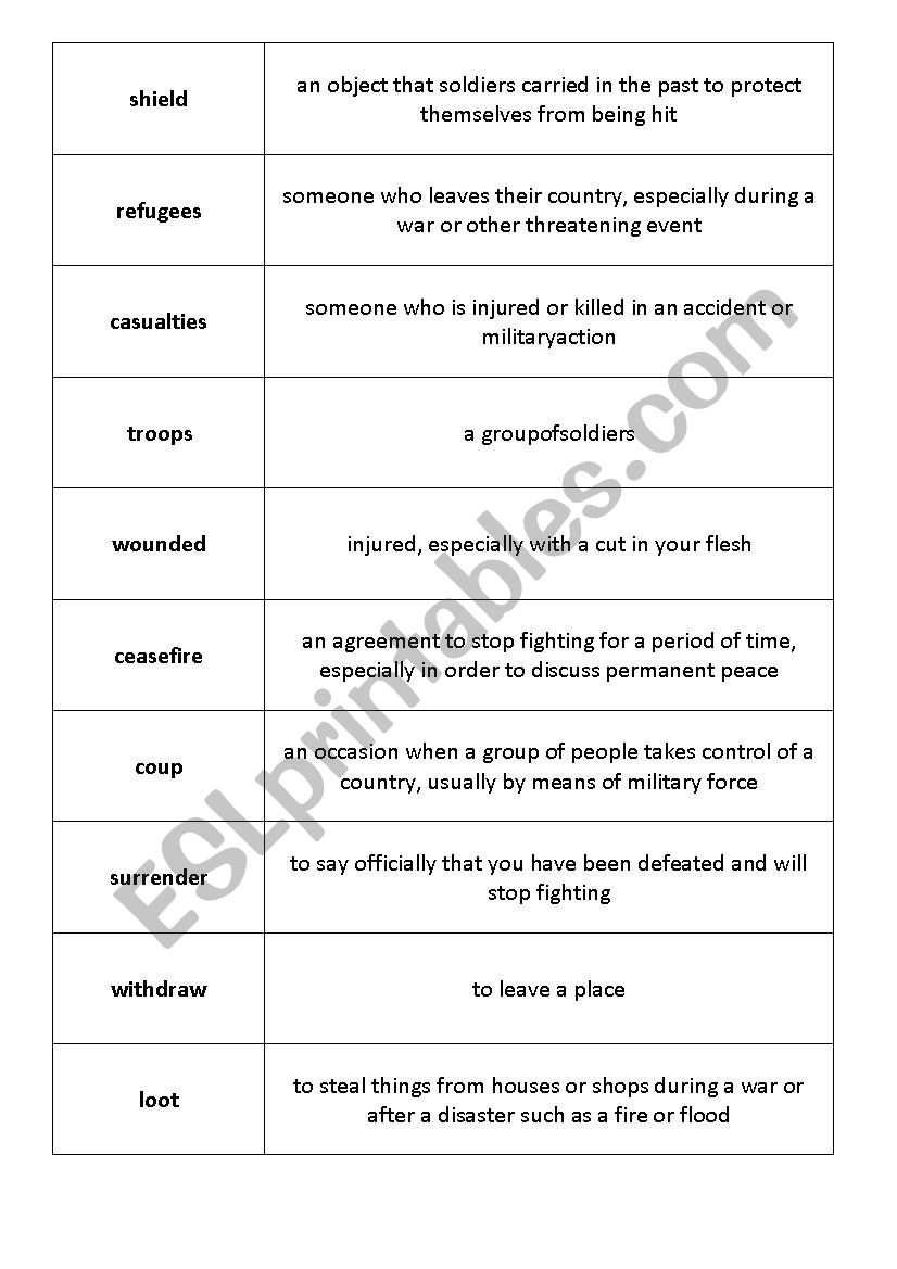 War vocabulary worksheet