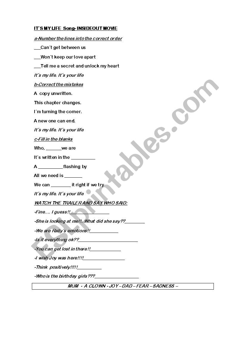 Inside out song- trailer worksheet