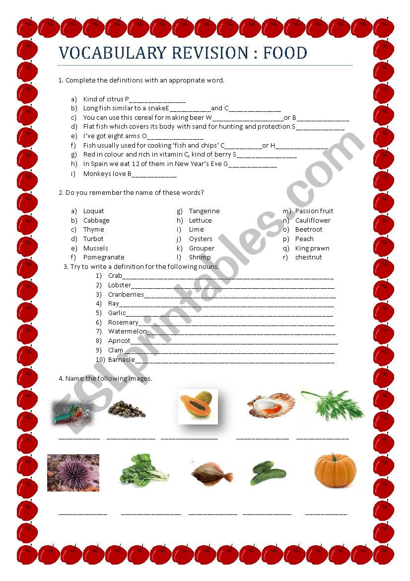 food revision worksheet