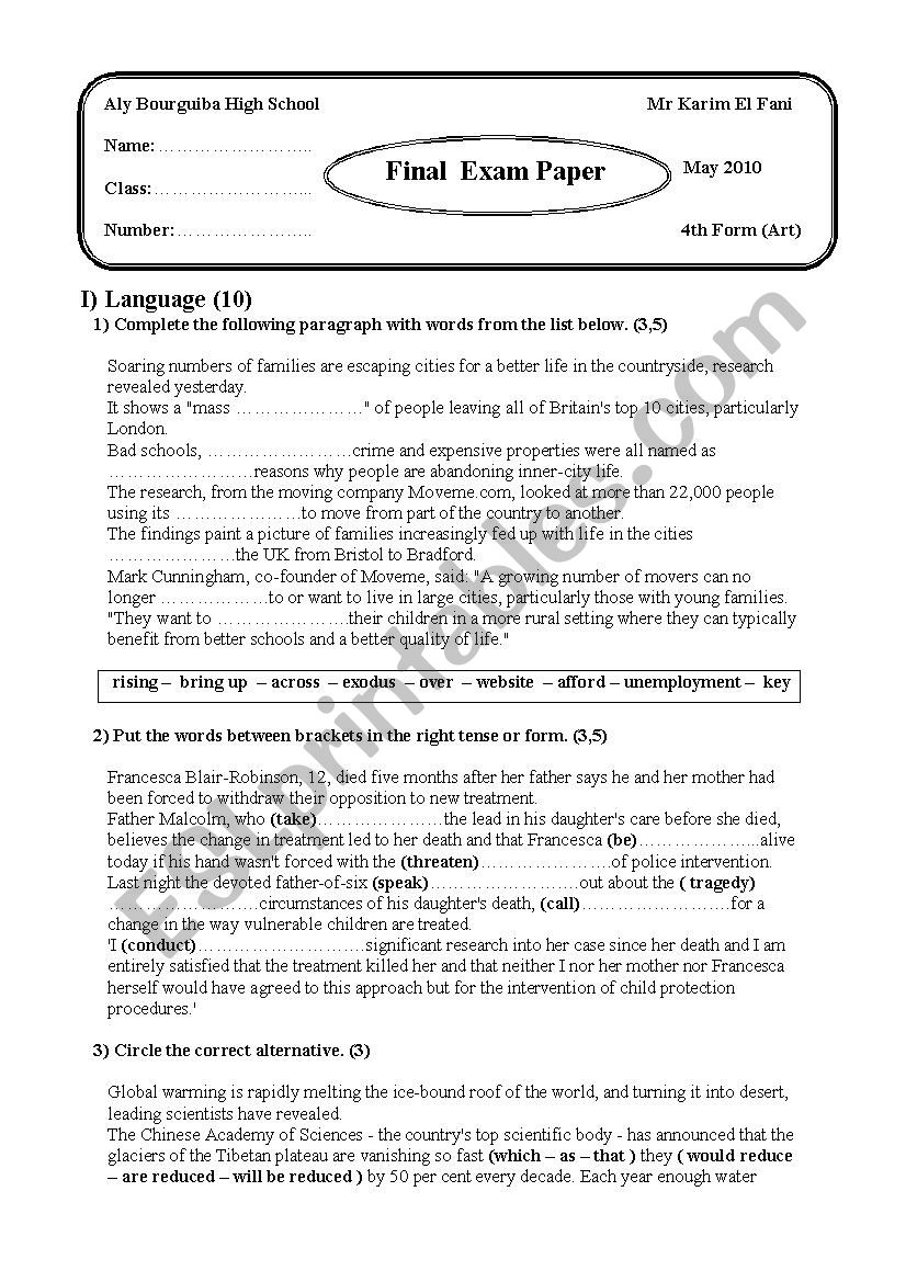  4th form end of term test n3