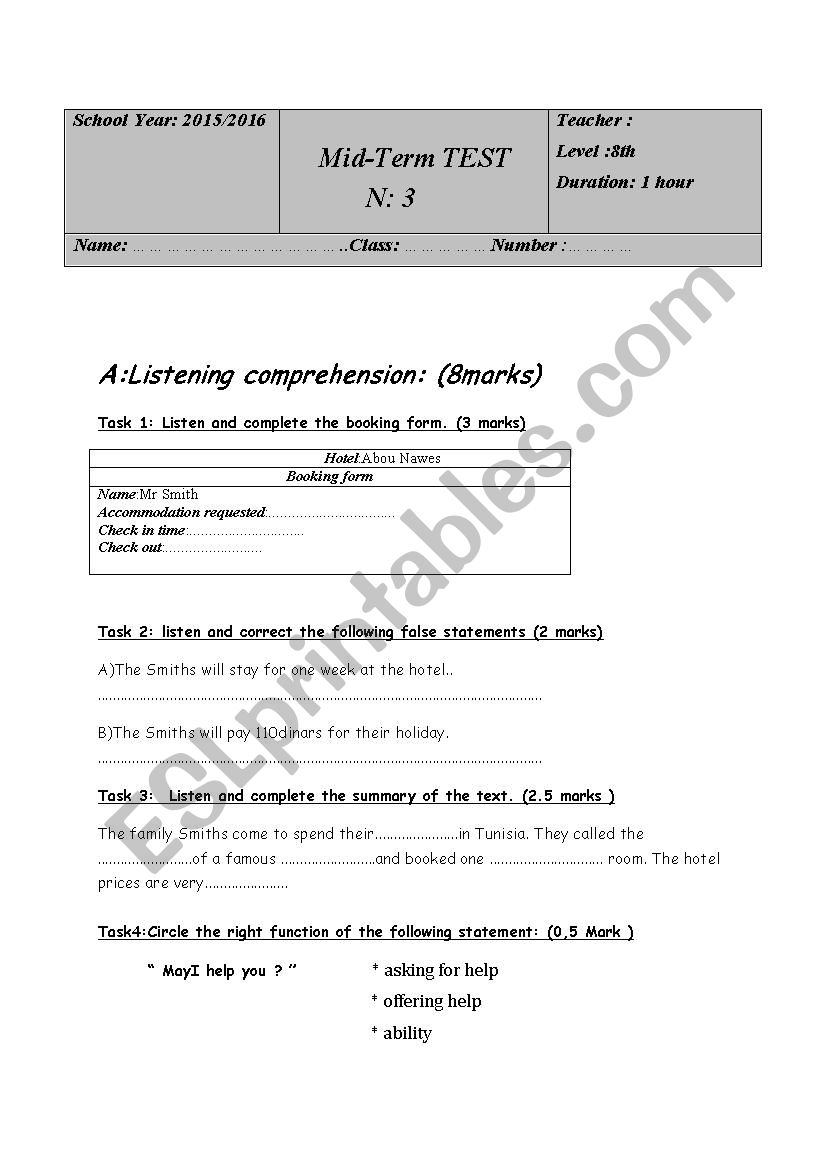 8th form exam n3 worksheet