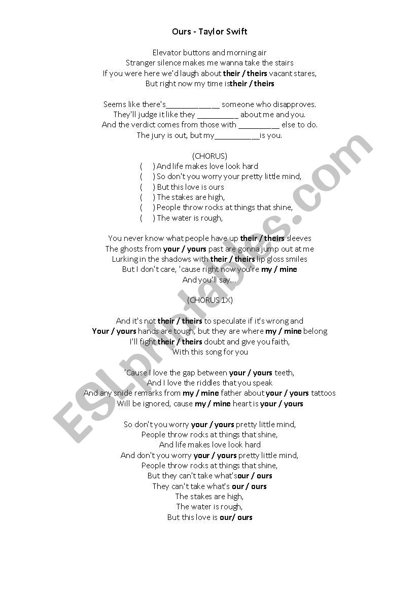 Ours - Taylor Swift worksheet