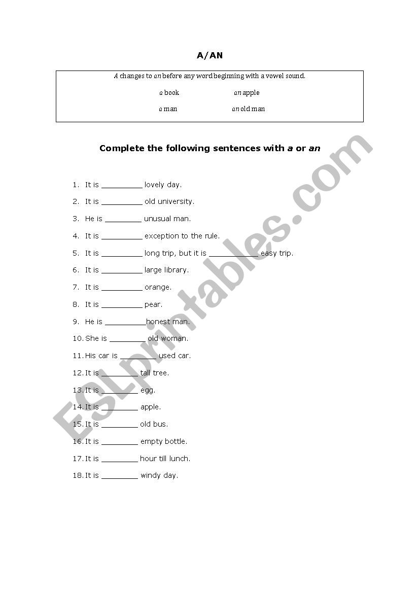 A, AN - indefinite article worksheet