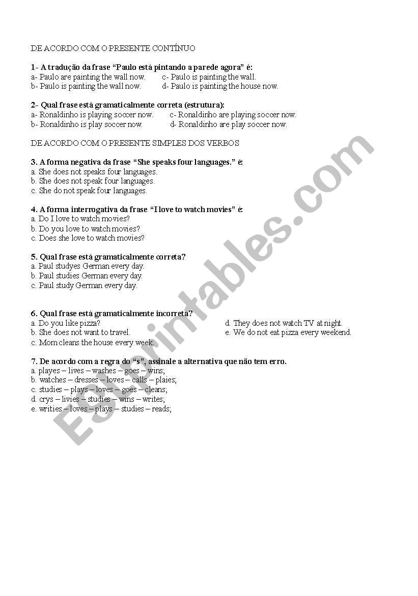 present simple and continuous worksheet