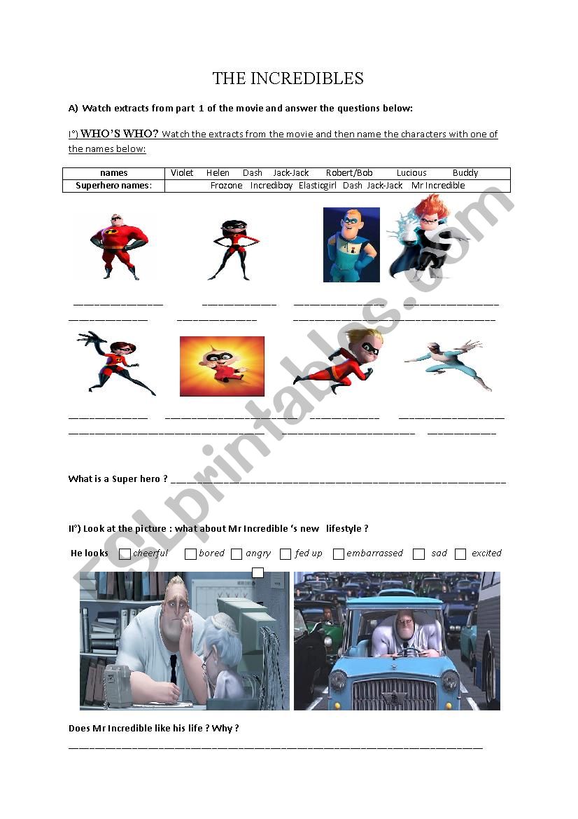 the Incredibles part one  worksheet