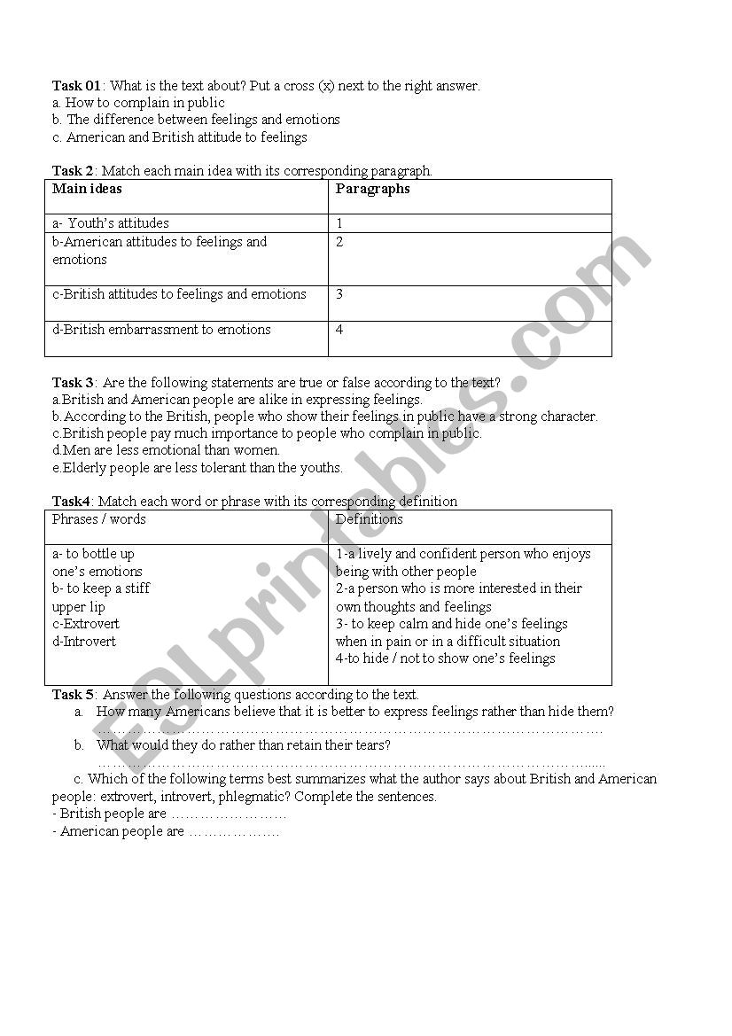 tasks about feelings worksheet