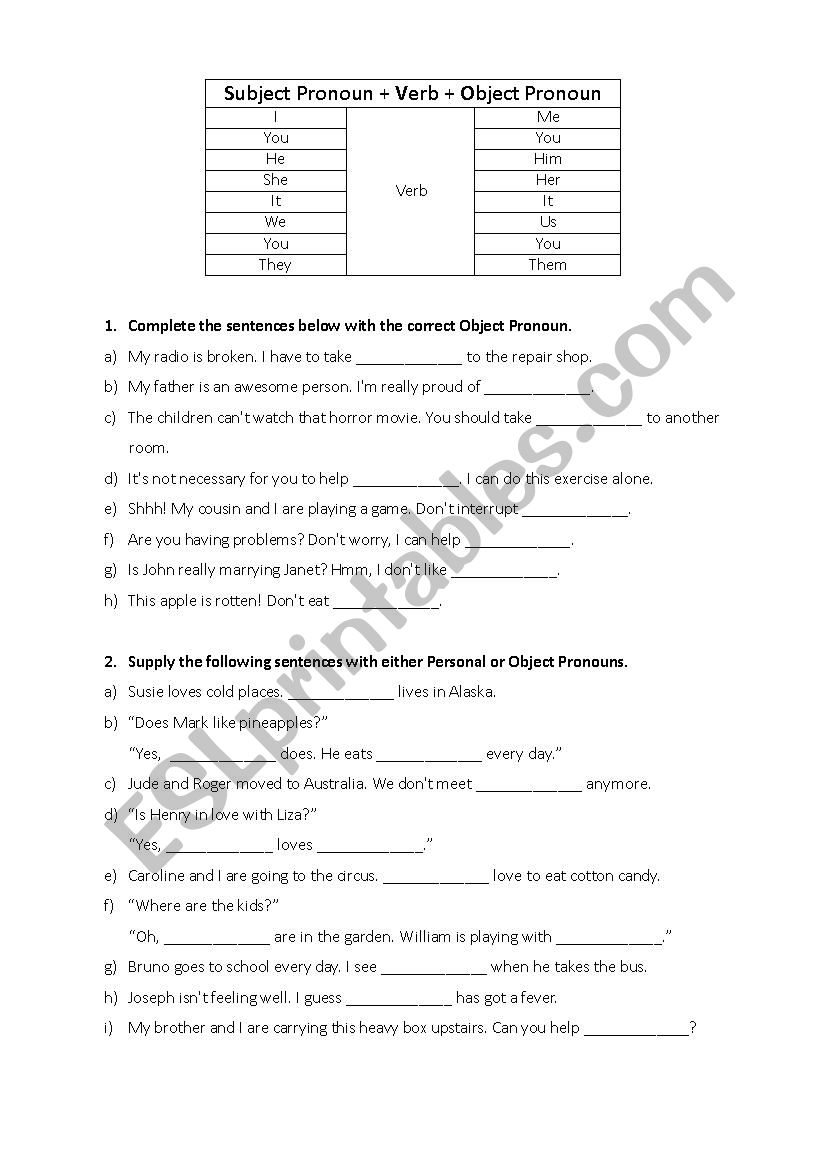 Personal X Object Pronouns worksheet