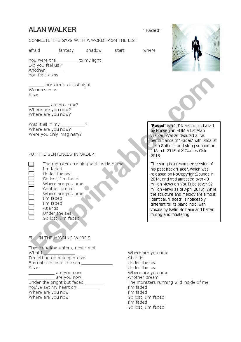 Song Faded By Alan Walker Esl Worksheet By Blumelevespa