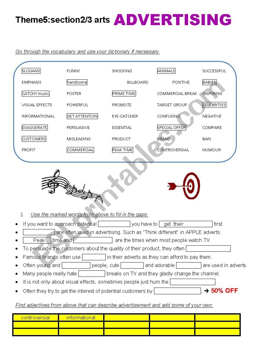 adverts worksheet