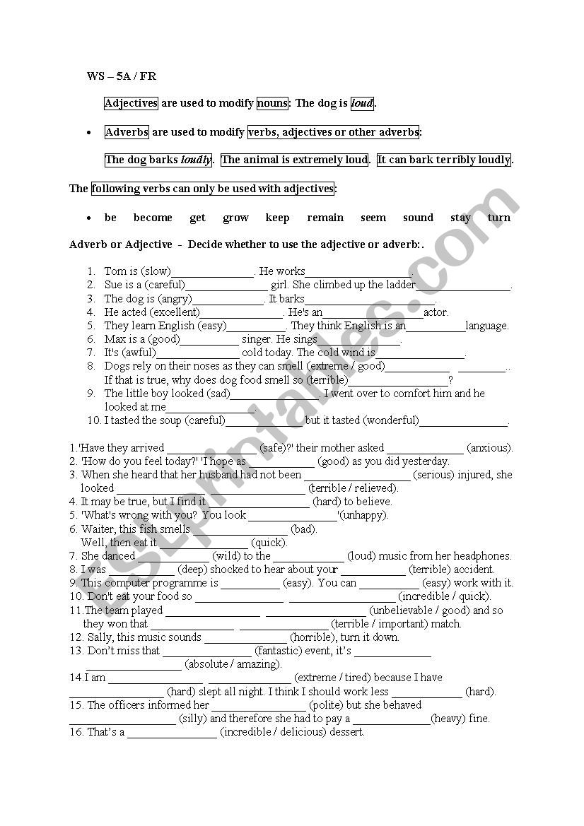 Adverb versus Adjective worksheet