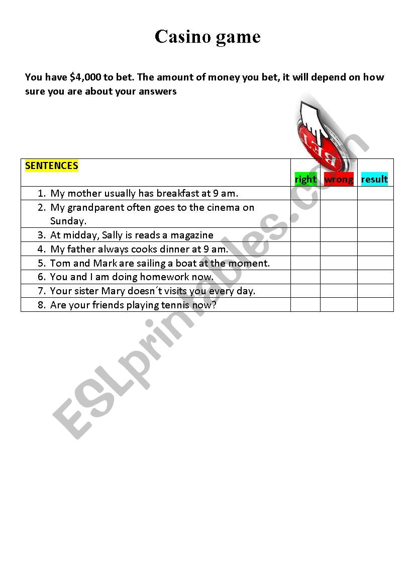 Casino Game worksheet