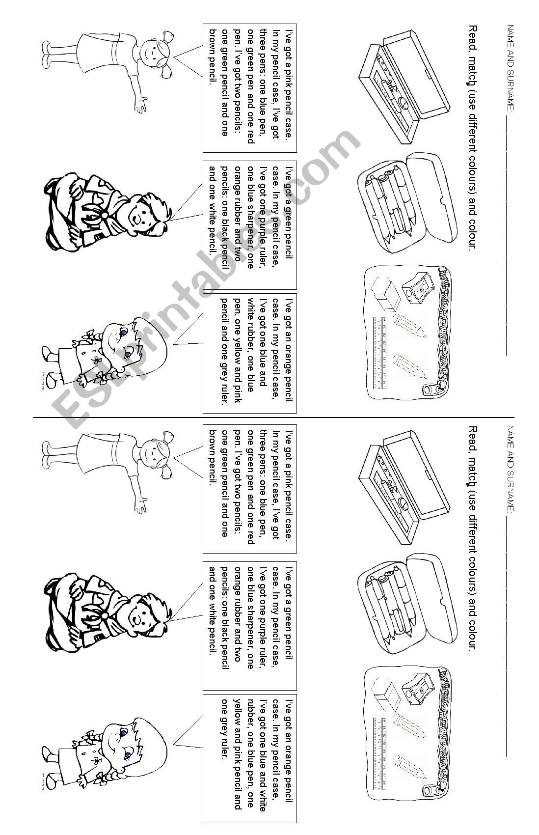 Reading Comprehension - school objects and colours