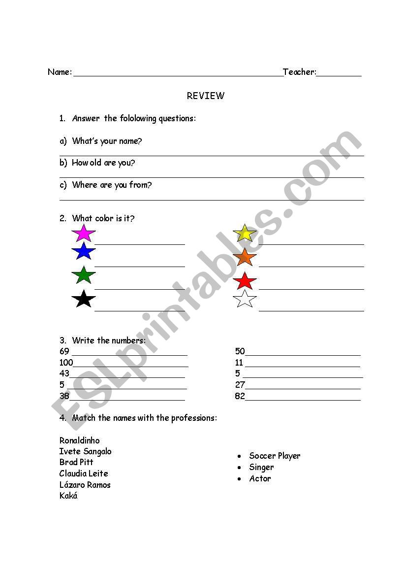 Vocabulary Review About Colours, Questions, Numbers and professions.