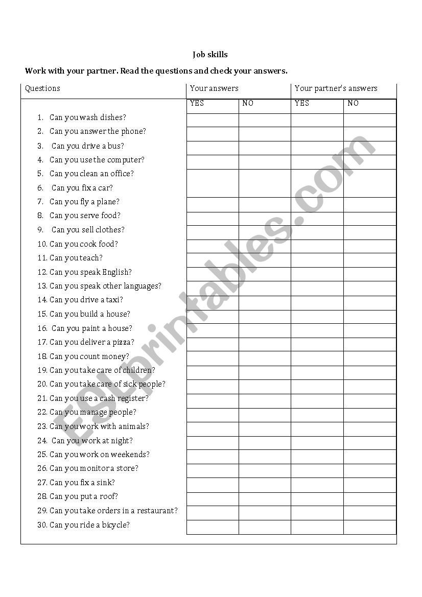 job skills- can worksheet