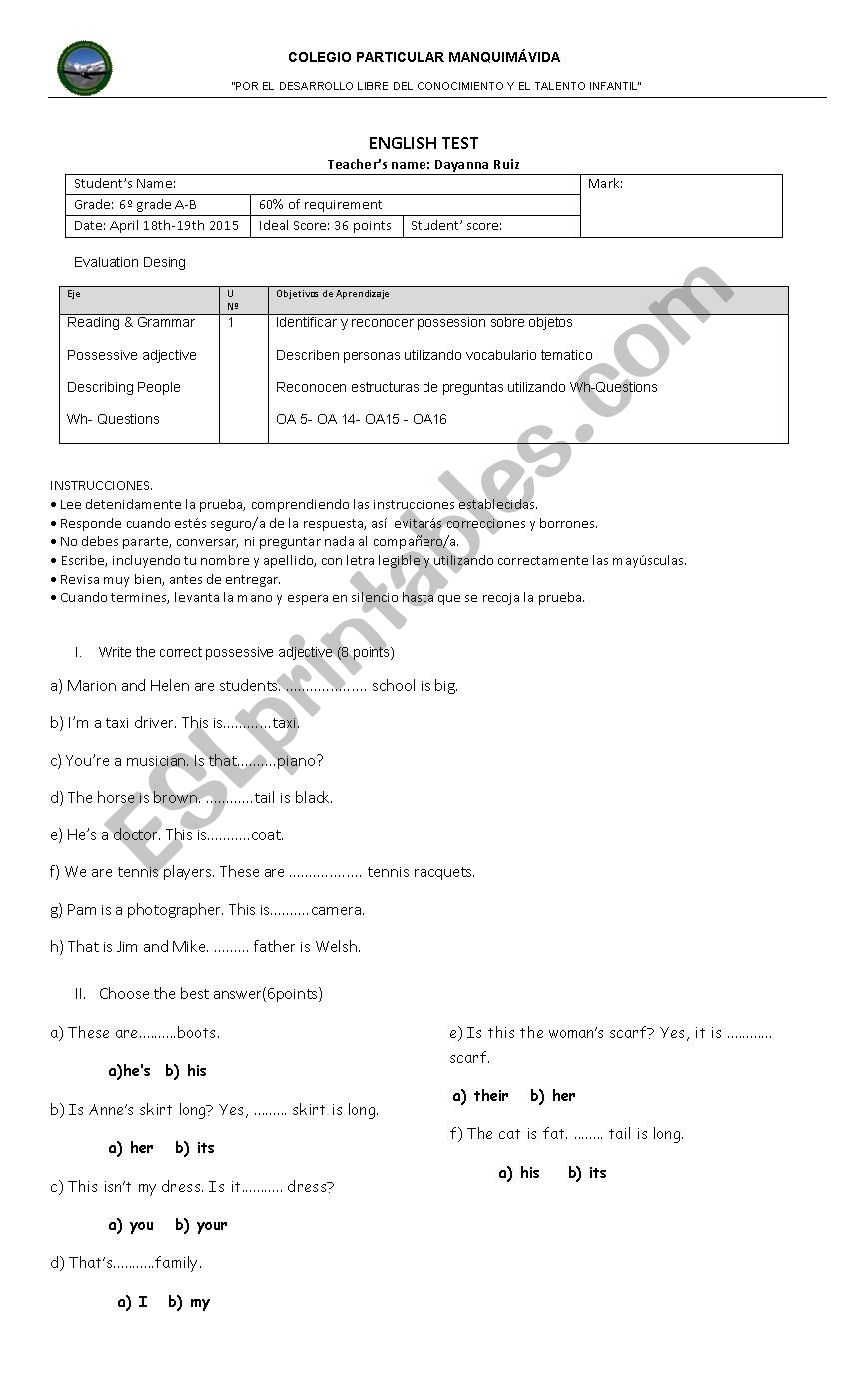 test 6º grade - ESL worksheet by dayannaruizpereira
