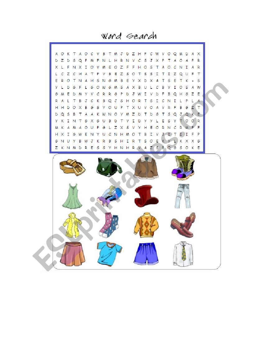 Clothes word search worksheet